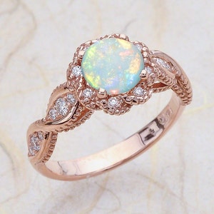 14K Vintage Rose Gold Opal Engagement Ring / October Birthstone / Halo Round Shaped Australian Opal