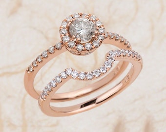 Diamond Engagement Ring Set / Halo Engagement Ring / Rose Gold Engagement Ring / Diamond Bridal Set