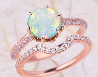 Opal Bridal Set Rose Gold / Australian Opal Cabochon Top / Engagement Ring with Matching Wedding Band / Six Prong Lotus Mounting