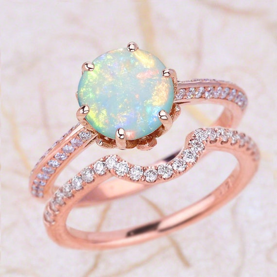 Opal Bridal Set Rose Gold / Australian Opal Cabochon Top / - Etsy