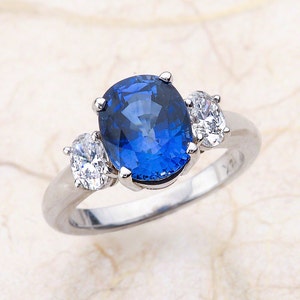 Blue Sapphire Three Stone Engagement Ring White Gold, Lab Grown Sapphire Engagement Ring White Gold, Oval Blue Sapphire Halo Engagement Ring