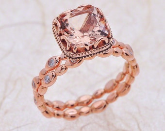 Morganite Engagement Ring Set Rose Gold / Cushion Cut Morganite Bridal Set Rose Gold / Pebble Engagement Bridal Ring Set Rose Gold