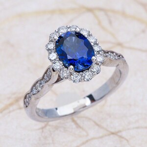 Blue Sapphire Engagement Ring White Gold, Oval Lab Grown Sapphire Halo Engagement Ring White Gold, Sapphire Engagement Ring White Gold