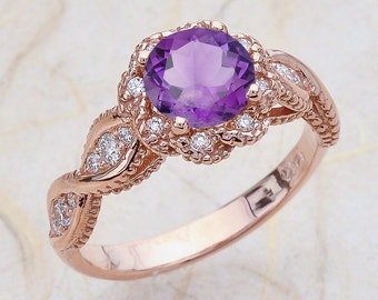 Amethyst Engagement Ring Rose Gold / Round Cut Vintage Halo Design / Aquarius Purple Gemstone / February Birthstone Birthday Gift