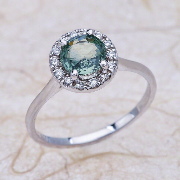 Teal Green Natural Sapphire Gemstone Halo Diamond Engagement Ring in 14k White Gold