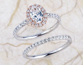 White Sapphire Halo Engagement Bridal Ring Set White And Rose Gold, Sapphire Bridal Set, Sapphire Engagement Ring, White and Rose Gold Ring