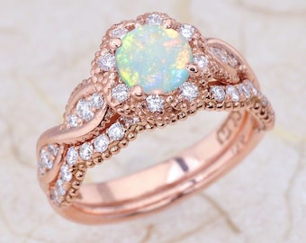 14K Vintage Rose Gold Opal Engagement Ring And Wedding Band Bridal Set in 14K Pink Gold