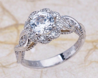 Weißer Saphir Verlobungsring, 14K Vintage Weißgold, Halo Verlobungsring, Weißer Saphir 6mm