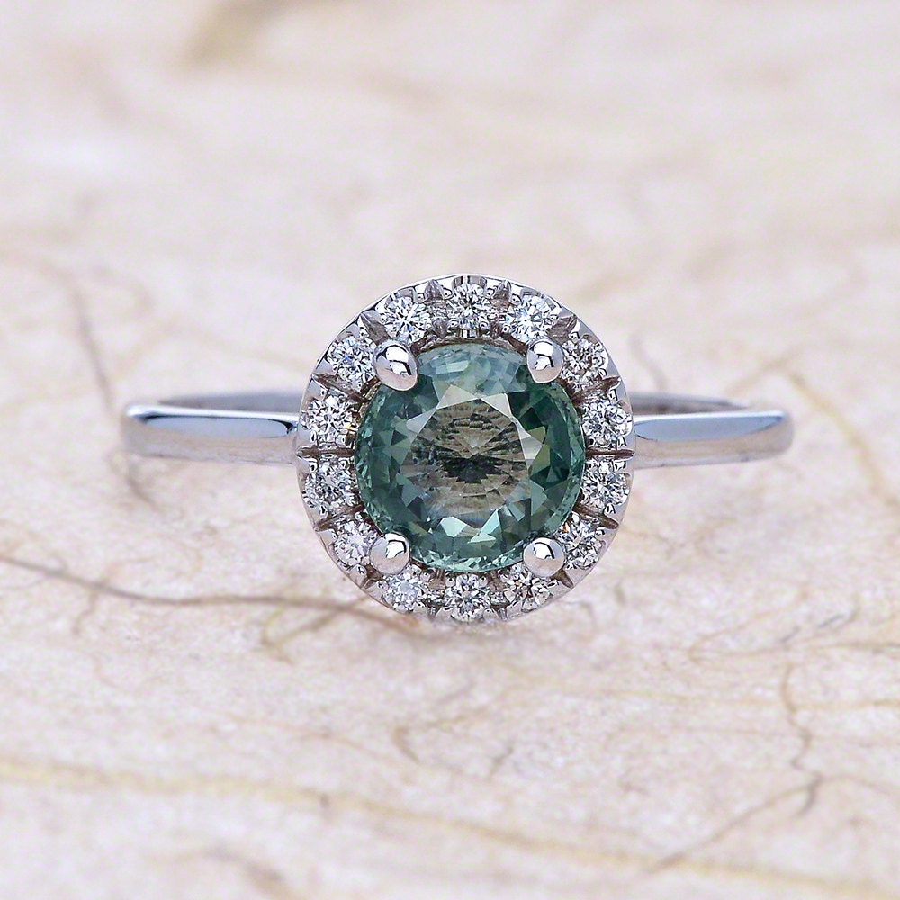 Teal Green Natural Sapphire Gemstone Halo Diamond Engagement | Etsy