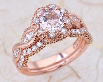 Morganite Engagement Ring Rose Gold / Round Cut Morganite Bridal Set / October November Birthstone Ring Set Rose Gold