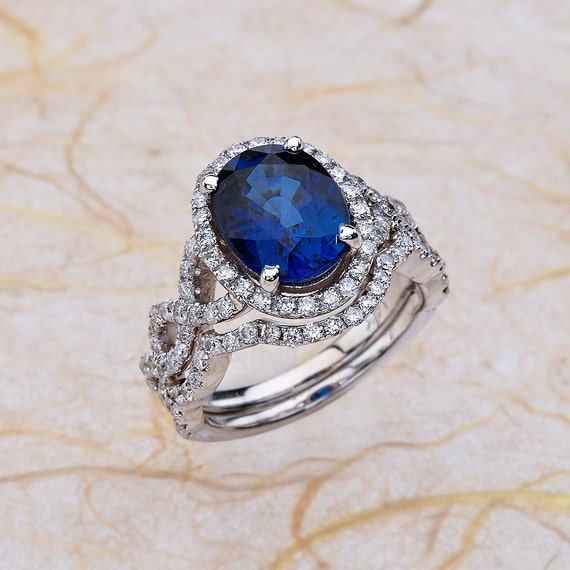 Blue Sapphire Wedding Ring Set / Blue Sapphire Bridal Set / | Etsy