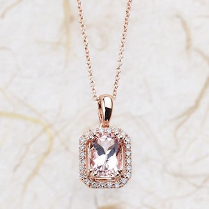 Rose Gold Morganite Pendant - 14k Rose Pendant With a 8x6 Cushion Peach Morganite And .25ctw of G Color SI2 Clarity Diamonds