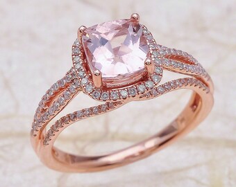 Anello di fidanzamento di morganite rosa oro, anello in oro rosa Morganite, Morganite oro rosa anello, Halo Morganite anello di fidanzamento oro rosa, Morganite