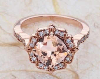 Morganite Engagement RIng Rose Gold / Cushion Shaped Cut Halo Scalloped Design / October November Birthstone / Birthday Gift