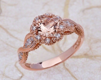 Morganite Engagement Ring Rose Gold / Cushion Cut Halo Vintage Design / October November Birthstone