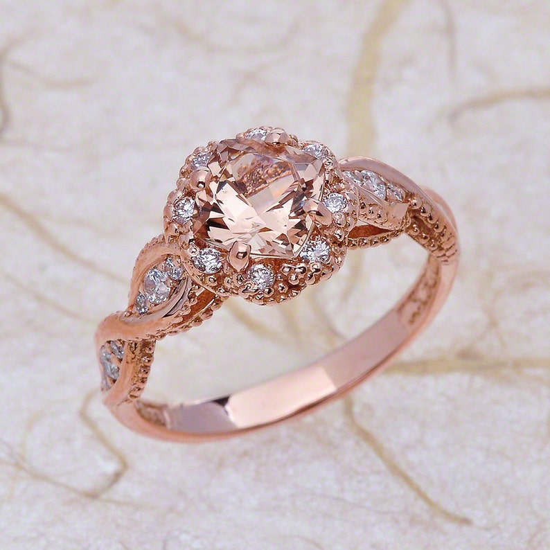 Morganite Engagement Ring Rose Gold / Cushion Cut Halo Vintage image 1