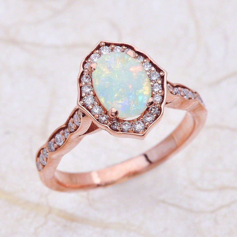 Opal Engagement Ring Rose Gold / Oval Shaped Australian Opal / | Etsy