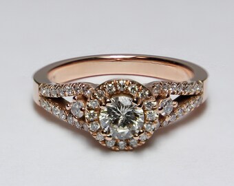 Rose Gold Engagement Ring - Diamond Halo Engagement Ring - Center Stone 0.50ctw Round Diamond 14k Rose Gold