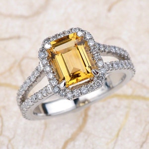 Emerald Cut Yellow Topaz Engagement Ring / Topaz Halo Engagement Ring / Emerald Cut Engagement Ring / White Gold Engagement Ring