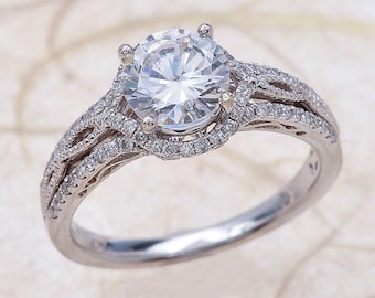 Moissanite Engagement Ring White Gold, Moissanite Halo Engagement Ring White Gold, Round Cut Moissanite Engagement Ring, White Gold Halo