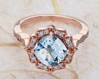 Aquamarine Engagement Ring Rose Gold / Cushion Cut Halo Scalloped Vintage Design