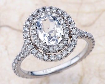 White Sapphire Engagement Ring / Double Halo Oval White Sapphire Engagement Ring / White Gold Engagement Ring 8x6 Oval Cut White Sapphire
