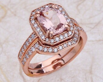 Morganite Engagement Ring Set - Rose Gold Engagement Ring Set - Morganite 9x7 Rose gold 14K Solid Gold