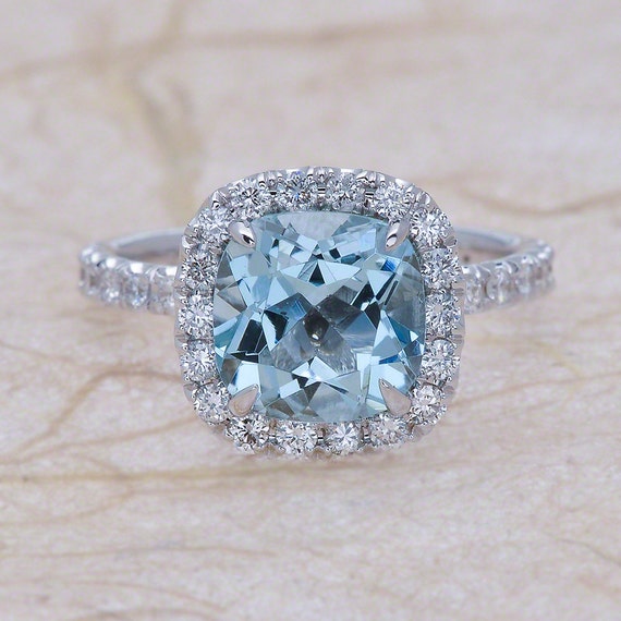 Aquamarine White Gold Diamond Halo Engagement Ring 14k Center | Etsy