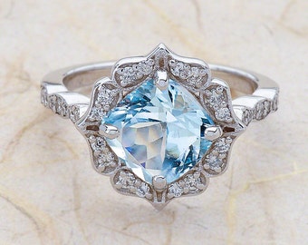 Aquamarine Engagement Ring Rose Gold / Cushion Shaped Cut Aquamarine Halo Scalloped Design / March Birthstone Birthday Gift