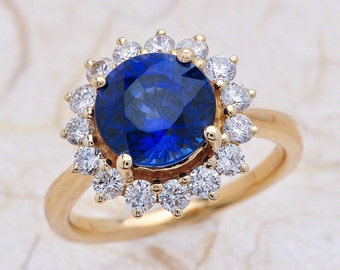 Sapphire Engagement Rings / Blue Sapphire Engagement Ring / Halo Blue Sapphire Engagement Rings / 9mm Lab Grown Blue Sapphire Princess Diana
