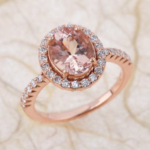Morganite Engagement Ring - 9x7 Oval Morganite Wedding Ring - Halo Diamond Ring - 14Kt Rose Gold Engagement Ring