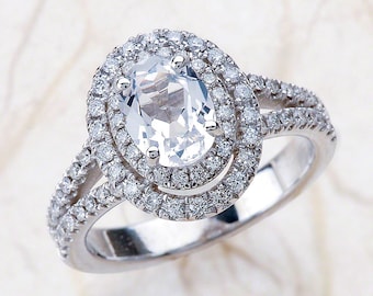 8x6 Oval White Sapphire Double Halo Split Shank Engagement Ring White Gold, Oval Engagement Ring, Oval Halo Engagement Ring White Gold