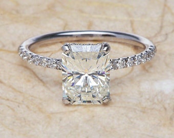 Anel de noivado de moissanite/corte radiante neo moissanite anel de noivado ouro branco/corte radiante anel de noivado de moissanite