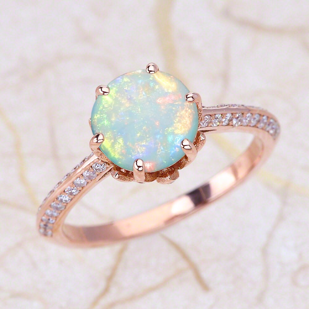 Opal Engagement Ring Rose Gold / Australian Opal Cabochon Top | Etsy