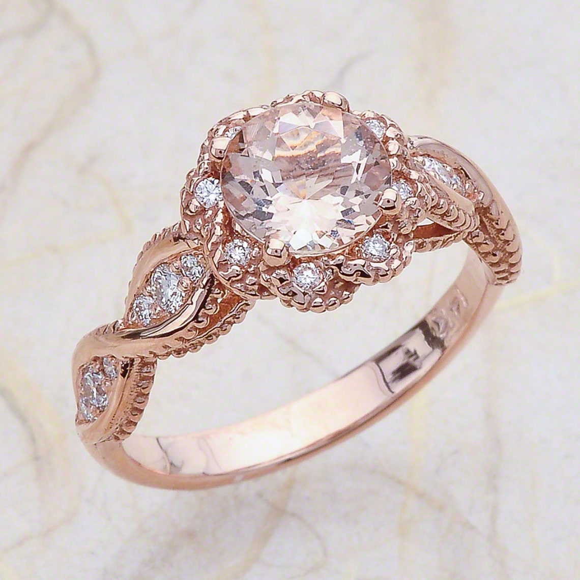 14K Vintage Rose Gold Engagement Ring Morganite image 1