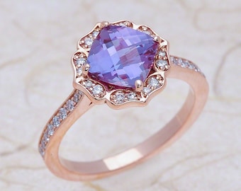Alexandrite Engagement Ring Rose Gold / Cushion Halo Scalloped Design / June Birtstone Gift