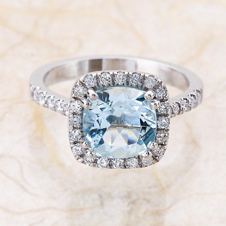 Aquamarine Engagement Ring, Cushion Cut Aquamarine Halo Design, March Birthstone, Birthday Gift image 2