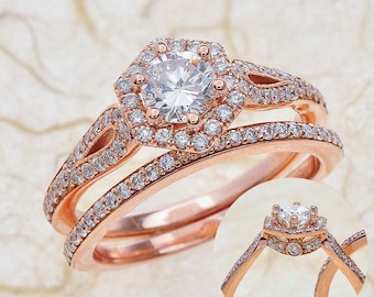 Diamond Engagement Bridal Ring Set Rose Gold, Diamond Halo Bridal Set Rose Gold, Diamond Halo Engagement Ring Rose Gold, Diamond Rose Gold