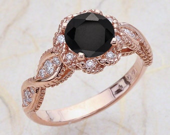 14K Vintage Rose Gold Engagement Ring Center Is A Round Black Spinel