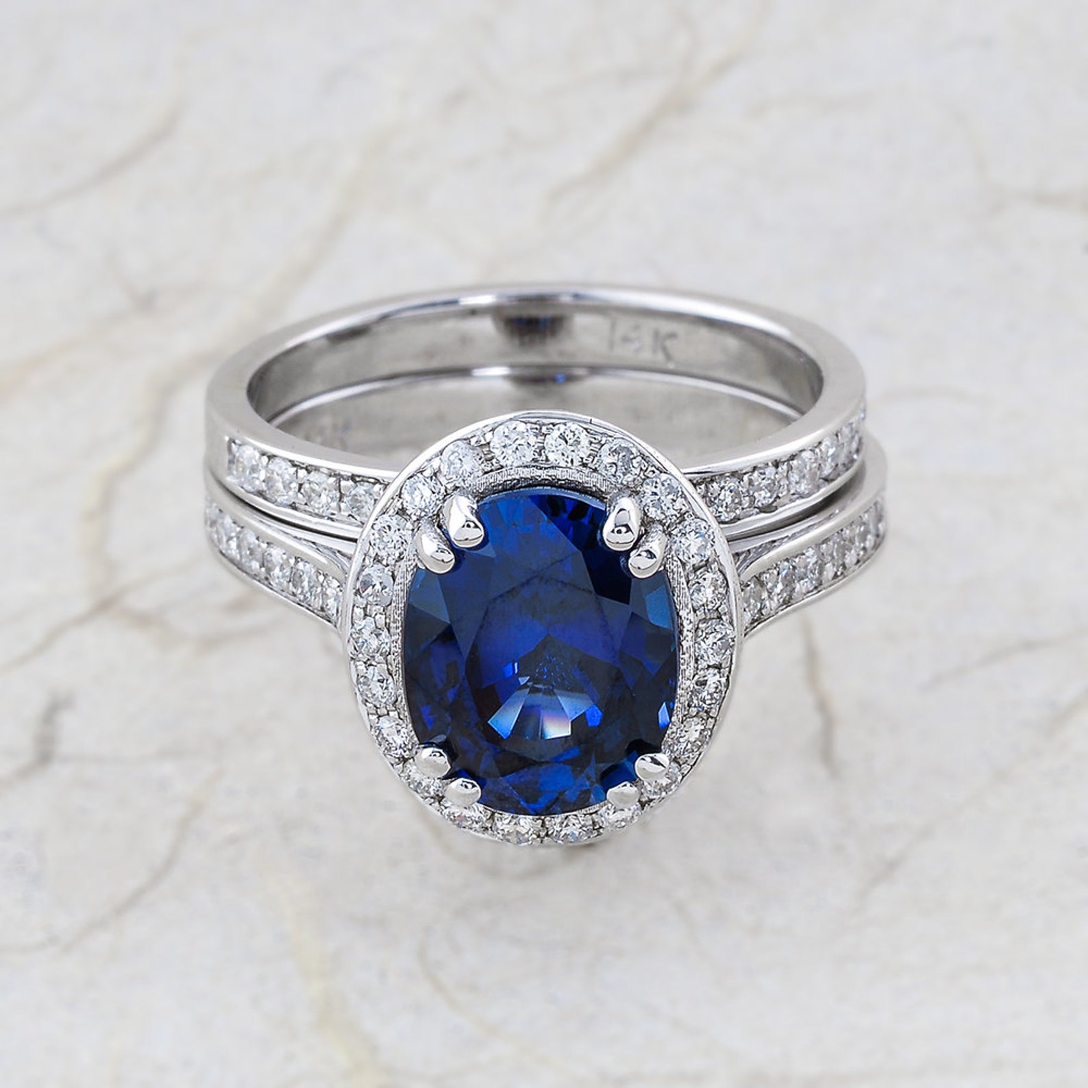 Blue Sapphire Oval Bridal Set / Lab Grown Sapphire Bridal Set / Halo Blue Sapphire Oval Bridal Set / Lab Grown Sapphire Bridal Set / Halo