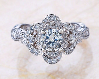 Moissanite Antique Engagement Ring / Round Cut Moissanite Engagement Ring / Halo Engraved Engagement Ring / Unique Antique Engagement Ring