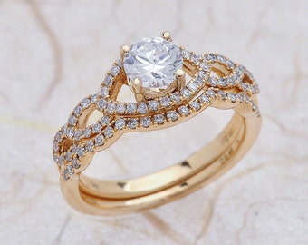 Moissanite zaręczynowe Suita Ring zestaw żółte złoto, Neo Moissanite Bridal zestaw żółte złoto, Moissanite Engagement Ring żółte złoto, Moissanite