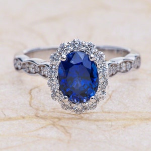 Blue Sapphire Engagement Ring White Gold Oval Lab Grown - Etsy