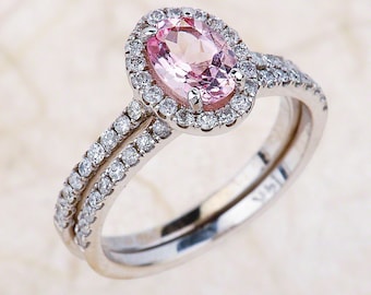 Ovale roze morganiet halo bruidsringenset, 14kt witgoud