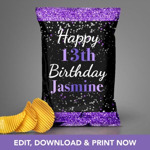 Happy Birthday Black Silver Purple Girl Glitter Foil Photo Potato Chips Snacks Loot Goody Goodie Bag Favors | Edit with Corjl | PCB-002-PUR