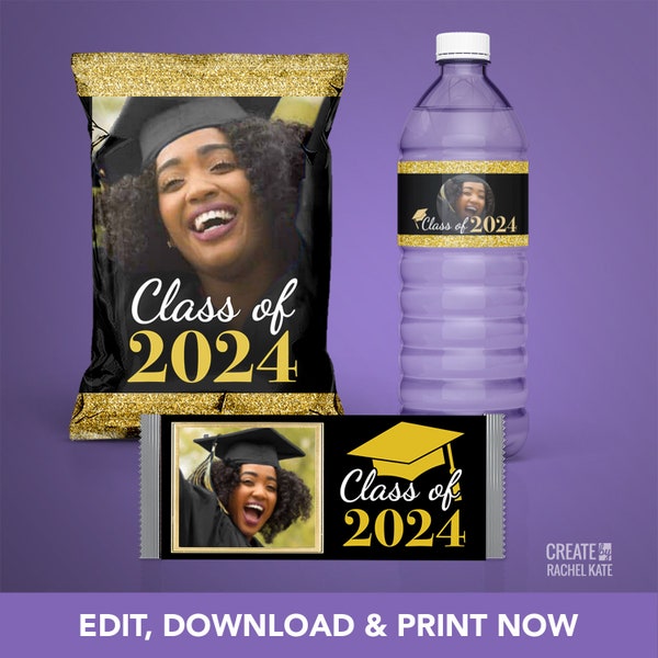 Graduation Photo Class of 2024 Black Gold Glitter Potato Chip Bag, Water Bottle Label & Chocolate Bar Favors Pack Set | PWC3-014-BLK