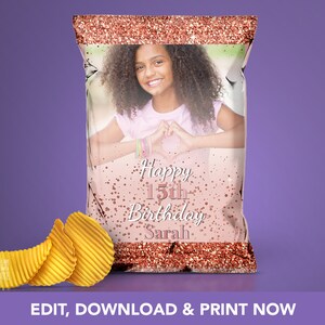 Teen Birthday Rose Gold Rosegold Girl Glitter Foil Photo Potato Chip Chips Snacks Loot Goody Goodie Bag Favors Template | Edit with Corjl