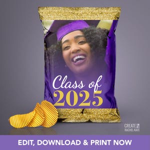 Graduation Photo Class of 2025 Purple Amethyst Gold Glitter Potato Chip Snacks Loot Goody Goodie Mini Bag Bags Favors | PCB-014-PUR