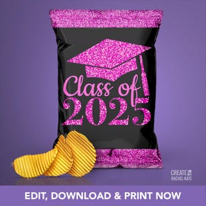Graduation Class of 2025 Pink Glitter Potato Chip Snacks Loot Goody Goodie Mini Bag Bags Favors | Personalized Edit Yourself DIY Corjl