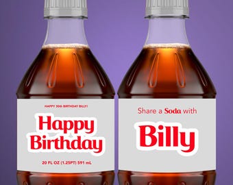 Happy Birthday Add a Name Red Cola Gray Grey Diet Soda Bottle Small 20 oz ounce US Stickers Labels Favors DIGITAL | Design Your Own!